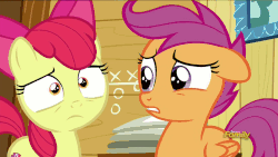 Size: 1280x720 | Tagged: safe, screencap, apple bloom, scootaloo, g4, on your marks, animated, boop, clubhouse, crusaders clubhouse, cutie mark, discovery family logo, female, floppy ears, nose wrinkle, noseboop, the cmc's cutie marks, worried