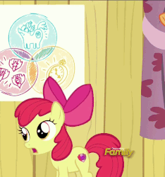 Size: 673x719 | Tagged: safe, screencap, apple bloom, scootaloo, g4, on your marks, animated, chart, clubhouse, crusaders clubhouse, cutie mark, discovery family logo, female, floppy ears, jumping, ponies riding ponies, riding, scootaloo riding apple bloom, the cmc's cutie marks