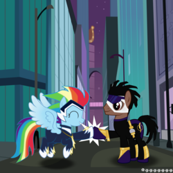 Size: 5000x5000 | Tagged: safe, artist:kodretta, rainbow dash, zapp, g4, absurd resolution, african american, crossover, eyes closed, hoofbump, ponified, power ponies, static shock