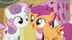 Size: 1280x720 | Tagged: safe, screencap, scootaloo, sweetie belle, pegasus, pony, unicorn, g4, on your marks, animated, awesome, clubhouse, crusaders clubhouse, cute, cutealoo, cutie mark, diasweetes, discovery family logo, eyes closed, female, filly, foal, grin, gritted teeth, happy, hoofbump, smiling, spread wings, teeth, the cmc's cutie marks, wings