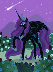 Size: 4492x6042 | Tagged: safe, artist:silverarrow87, oc, oc only, oc:nyx, alicorn, pony, fanfic:past sins, absurd resolution, adult, alicorn oc, crown, flower, hoof shoes, jewelry, mountain, night, night sky, older, older nyx, peytral, princess, raised hoof, regalia, shooting star, signature, slit pupils, smiling, solo, spread wings