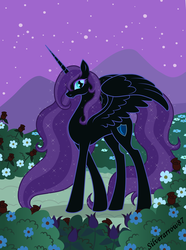 Size: 4492x6042 | Tagged: safe, artist:silverarrow87, oc, oc only, oc:nyx, alicorn, pony, fanfic:past sins, absurd resolution, adult, alicorn oc, concave belly, ethereal mane, ethereal tail, female, long mane, long tail, mare, night, night sky, older, older nyx, partially open wings, sky, slender, slit pupils, solo, stars, tail, tall, thin, wings