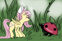Size: 678x454 | Tagged: safe, artist:hoshikokin, fluttershy, insect, ladybug, g4, blushing, bow, eyes closed, grass, hair bow, micro, tiny, tiny ponies