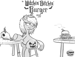 Size: 895x681 | Tagged: safe, artist:shoutingisfun, oc, oc only, earth pony, pony, belly button, burger, candle, earring, fat, female, food, halloween, jack-o-lantern, lip bite, monochrome, piercing, seductive, skull, solo, spooky, the ass was fat, the greasy slut