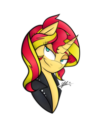 Size: 3138x4428 | Tagged: safe, artist:cosmicchrissy, sunset shimmer, pony, unicorn, g4, clothes, female, high res, jacket, simple background, smirk, solo, transparent background
