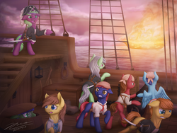 Size: 1024x768 | Tagged: safe, artist:novaintellus, oc, oc only, oc:sour mint, oc:sweetgrape, earth pony, pegasus, pony, unicorn, fire, group, naval battle, pirate, pirate ship, ship, sword, weapon