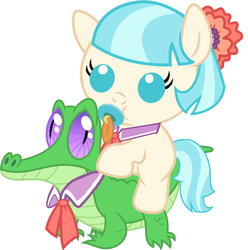 Size: 886x892 | Tagged: safe, artist:red4567, coco pommel, gummy, alligator, earth pony, pony, g4, baby, baby pony, cocobetes, cute, pacifier, ponies riding gators, riding, weapons-grade cute