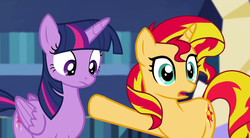 Size: 1080x596 | Tagged: safe, artist:razvimorar5, edit, screencap, sunset shimmer, twilight sparkle, alicorn, pony, unicorn, g4, female, mare, open mouth, twilight sparkle (alicorn)