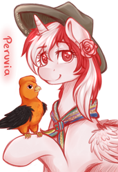 Size: 2050x3000 | Tagged: safe, artist:assa-chan, oc, oc only, oc:princess peruvia, bird, flower, hat, heart eyes, high res, solo, wingding eyes