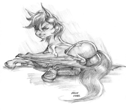 Size: 1200x1051 | Tagged: safe, artist:baron engel, oc, oc only, oc:sundown, bat pony, pony, butt, featureless crotch, female, looking at you, monochrome, pencil drawing, plot, solo, traditional art, underhoof