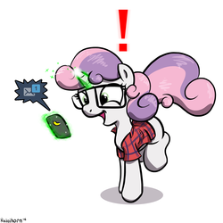 Size: 1600x1600 | Tagged: safe, artist:rainihorn, sweetie belle, g4, clothes, female, glasses, magic, phone, shirt, simple background, smartphone, solo, tumblr, white background