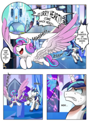 Size: 2480x3507 | Tagged: safe, artist:dormin-dim, princess flurry heart, shining armor, alicorn, pony, unicorn, comic:chaotic wings, g4, child, comic, crystal empire, cute, daughter, english, father, father and child, father and daughter, female, filly, flurrybetes, flying, foal, high res, horn, jar, male, older, older flurry heart, smiling, spread wings, stallion, weapons-grade cute, wings