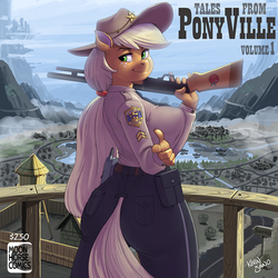 Size: 900x900 | Tagged: safe, artist:kevinsano, applejack, earth pony, anthro, g4, applebutt, big breasts, breasts, busty applejack, clothes, female, finger gun, guard tower, gun, hat, huge breasts, looking at you, looking back, multiple variants, pants, police, police uniform, smiling, solo, tales from ponyville, trigger discipline, walkie talkie, weapon