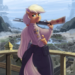Size: 900x900 | Tagged: safe, alternate version, artist:kevinsano, applejack, earth pony, anthro, g4, applebutt, big breasts, breasts, busty applejack, clothes, female, finger gun, guard tower, gun, hatless, looking at you, looking back, missing accessory, multiple variants, pants, police, police uniform, smiling, solo, tales from ponyville, trigger discipline, walkie talkie, weapon