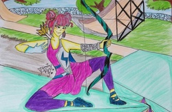 Size: 1024x667 | Tagged: safe, artist:titird, sour sweet, equestria girls, g4, my little pony equestria girls: friendship games, arrow, bow (weapon), bow and arrow, female, solo, traditional art