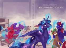 Size: 3396x2475 | Tagged: safe, artist:graypaint, princess luna, oc, griffon, g4, bags under eyes, fanfic art, fanfic cover, floppy ears, galaxy mane, high res, luna is not amused, spread wings