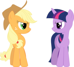 Size: 3584x3258 | Tagged: safe, artist:porygon2z, applejack, twilight sparkle, g4, suited for success, frown, high res, nose wrinkle, scrunch battle, simple background, transparent background, vector