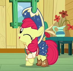 Size: 794x779 | Tagged: safe, screencap, apple bloom, earth pony, pony, g4, on your marks, adorabloom, boots, clubhouse, cowboy, cowboy boots, cowboy hat, crusaders clubhouse, cute, female, filly, hat, looking at you, one eye closed, open mouth, raised hoof, shoes, smiling, solo, wink