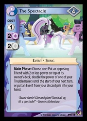 Size: 358x500 | Tagged: safe, enterplay, coloratura, disco fever, limelight, smooth move, spectrum shades, g4, marks in time, my little pony collectible card game, the mane attraction, ccg, countess coloratura, lyrics, merchandise, quote, text