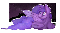 Size: 1100x600 | Tagged: safe, artist:gaabcio13, princess luna, g4, female, looking back, prone, smiling, solo