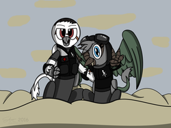 Size: 2560x1920 | Tagged: safe, artist:derpanater, oc, oc only, oc:cora, oc:hispano, griffon, fallout equestria, fallout equestria: long haul, albino, chipped beak, clothes, cloud, commission, cute, digital art, family, father and daughter, flight helmet, goggles, mercenary, scar