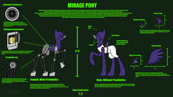 Size: 4000x2250 | Tagged: safe, artist:derpanater, cyborg, cyborg pony, pony, fallout equestria, fallout equestria: dance of the orthrus, clothes, commission, digital art, high res, mirage pony, reference sheet, text