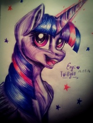 Size: 1200x1600 | Tagged: safe, artist:enjal, twilight sparkle, alicorn, pony, g4, female, mare, open mouth, smiling, solo, traditional art, twilight sparkle (alicorn)