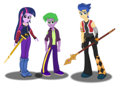 Size: 2944x2152 | Tagged: safe, artist:deannaphantom13, flash sentry, spike, twilight sparkle, equestria girls, g4, equestria girls-ified, high res, human spike, older, older spike, simple background, spear, sword, transparent background, trio, weapon