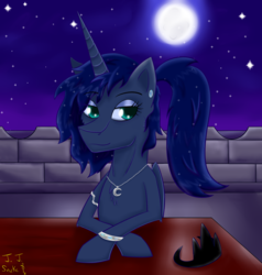 Size: 2362x2480 | Tagged: safe, artist:jj-snake, princess luna, g4, alternate hairstyle, female, high res, moon, night, ponytail, solo