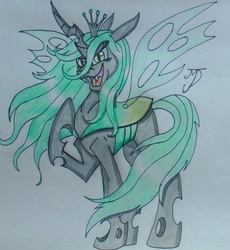 Size: 1748x1901 | Tagged: safe, artist:takutanuvataio, queen chrysalis, changeling, changeling queen, g4, crown, fangs, female, grin, jewelry, looking at you, open mouth, raised hoof, regalia, solo, traditional art, transparent wings, wings