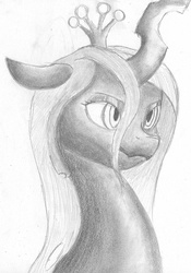 Size: 1024x1466 | Tagged: dead source, safe, artist:moonsolace, queen chrysalis, changeling, changeling queen, g4, bust, female, grayscale, monochrome, portrait, solo, traditional art