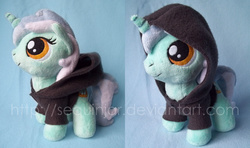 Size: 1000x591 | Tagged: safe, artist:sequinjar, lyra heartstrings, pony, fanfic:background pony, g4, chibi, clothes, cute, hoodie, irl, looking up, lyrabetes, photo, plushie, smiling, solo