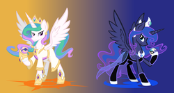 Size: 1600x860 | Tagged: safe, artist:agentkirin, princess celestia, princess luna, alicorn, pony, g4, crossover, duo, duo female, female, gradient background, mare, pokémon, pokémon moon, pokémon sun, pokémon sun and moon, royal sisters, siblings, sisters, spread wings, sun vs moon, wings