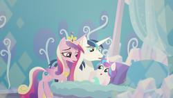 Size: 5000x2811 | Tagged: safe, artist:treblesketchofficial, princess cadance, princess flurry heart, shining armor, g4, bed, cover art, family, high res, lineless, lullaby
