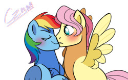 Size: 2700x1700 | Tagged: safe, artist:hateful-minds, fluttershy, rainbow dash, pegasus, pony, g4, blushing, butterscotch, duo, female, half r63 shipping, kiss on the lips, kissing, male, mare, rule 63, ship:butterdash, ship:flutterdash, shipping, simple background, stallion, straight, unshorn fetlocks, white background