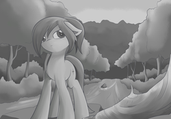 Size: 1024x716 | Tagged: safe, artist:dusthiel, oc, oc only, oc:dust wind, forest, grayscale, monochrome, solo