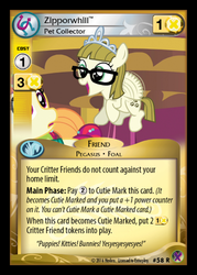 Size: 358x500 | Tagged: safe, enterplay, torch song, zippoorwhill, pegasus, pony, g4, marks in time, my little pony collectible card game, ccg, flying, foal, glasses, merchandise, quote, trading card