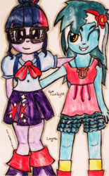 Size: 837x1352 | Tagged: safe, artist:blazingdazzlingdusk, lyra heartstrings, sci-twi, twilight sparkle, equestria girls, g4, alternate clothes, drawing, duo, requested art, traditional art