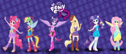 Size: 11271x4827 | Tagged: safe, artist:deannaphantom13, applejack, fluttershy, pinkie pie, rainbow dash, rarity, twilight sparkle, equestria girls, g4, absurd resolution, bare shoulders, boots, equestria girls logo, equestria girls plus, fall formal outfits, hat, high heel boots, logo, mane six, my little pony logo, ponytail, sleeveless, strapless, top hat, wallpaper, wings