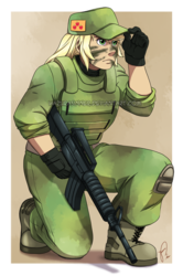 Size: 826x1244 | Tagged: safe, artist:hazurasinner, applejack, human, g4, army, face paint, female, gun, humanized, military, soldier, solo, weapon