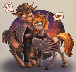 Size: 1100x1043 | Tagged: safe, artist:howlingvoice, doctor whooves, time turner, oc, oc:valesti, pony, g4, blushing, cute, doctor who, hug, male, ponified, stallion, the doctor, twelfth doctor