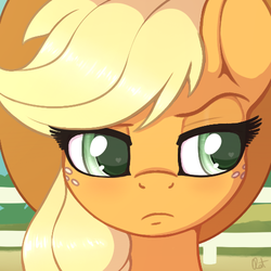 Size: 500x500 | Tagged: source needed, safe, artist:ratofdrawn, applejack, pony, g4, cowboy hat, female, freckles, frown, hat, heart eyes, mare, solo, stetson, unconvinced applejack, wingding eyes