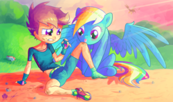 Size: 1920x1136 | Tagged: safe, artist:halem1991, rainbow dash, scootaloo, human, pegasus, pony, equestria girls, g4, ass, butt, clothes, cute, dashabetes, fingerless gloves, gloves, halem1991 is trying to murder us, injured, licking, midriff, rock, scootalove, shoes, shorts, sitting, sneakers, socks, tongue out
