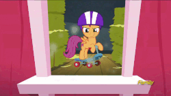Size: 1280x720 | Tagged: safe, screencap, scootaloo, g4, on your marks, animated, badass, barn, cute, cutealoo, cutie mark, discovery family logo, female, happy, hay bale, jumping, scooter, solo, the cmc's cutie marks