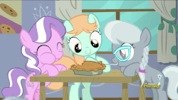 Size: 1280x720 | Tagged: safe, screencap, apple bloom, diamond tiara, peach fuzz, silver spoon, earth pony, pony, g4, on your marks, animated, bipedal, chewing, cute, diamondbetes, diapeaches, discovery family logo, eating, feeding, female, food, fork, friends, happy, new friendship, pie, puffy cheeks, silverbetes, tiara