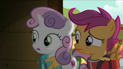 Size: 1280x720 | Tagged: safe, screencap, scootaloo, sweetie belle, g4, on your marks, animated, clubhouse, crochet, crusaders clubhouse, cutie mark, dark, discovery family logo, disturbed, do not want, female, head shake, nope, scared, the cmc's cutie marks, this will end in tears and/or death and/or covered in tree sap