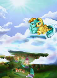 Size: 1823x2509 | Tagged: safe, artist:pridark, lightning dust, sunshower raindrops, g4, bench, cloud, ponyville, sun