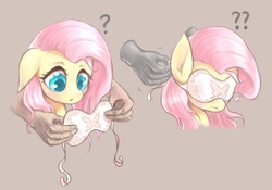Size: 1000x699 | Tagged: safe, artist:mlpanon, fluttershy, human, pony, g4, blindfold, blushing, confused, cute, disembodied hand, explicit source, female, mare, pony pet, question mark, shyabetes, sweet dreams fuel