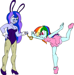 Size: 1182x1208 | Tagged: safe, artist:shennanigma, princess luna, rainbow dash, vice principal luna, equestria girls, g4, active stretch, arms wide open, ballerina, ballet slippers, breasts, bunny ears, bunny suit, busty princess luna, cleavage, clothes, cuffs (clothes), cute, dancing, dashabetes, female, flexible, hand on hip, high heels, hypno dash, hypnosis, hypnotist, hypnotized, leotard, open mouth, pantyhose, pendulum swing, playboy bunny, pocket watch, rainbow dash always dresses in style, rainbowrina, sexy, shoes, simple background, smiling, standing, standing on one leg, swirly eyes, tiptoe, tomboy taming, transparent background, tutu, watch