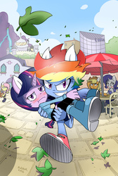 Size: 1274x1900 | Tagged: safe, artist:0ndshok, applejack, fluttershy, rainbow dash, rarity, twilight sparkle, anthro, g4, archie comics, blushing, carrying, comic cover, crossover, embarrassed, female, lesbian, male, parody, ship:rarijack, ship:twidash, shipping, sonic the hedgehog, sonic the hedgehog (series), sonicified